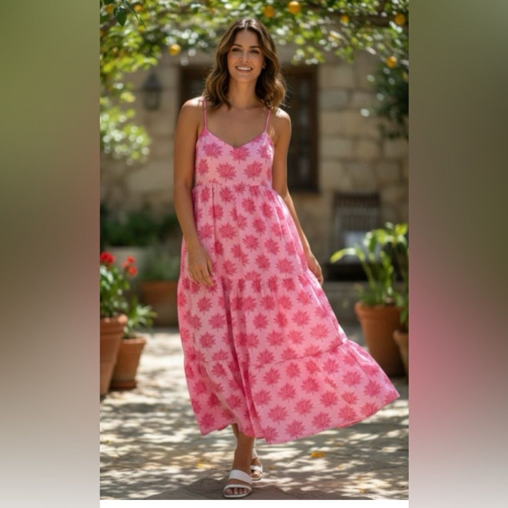 J. Marie midi dress in pink with a lotus print, size medium